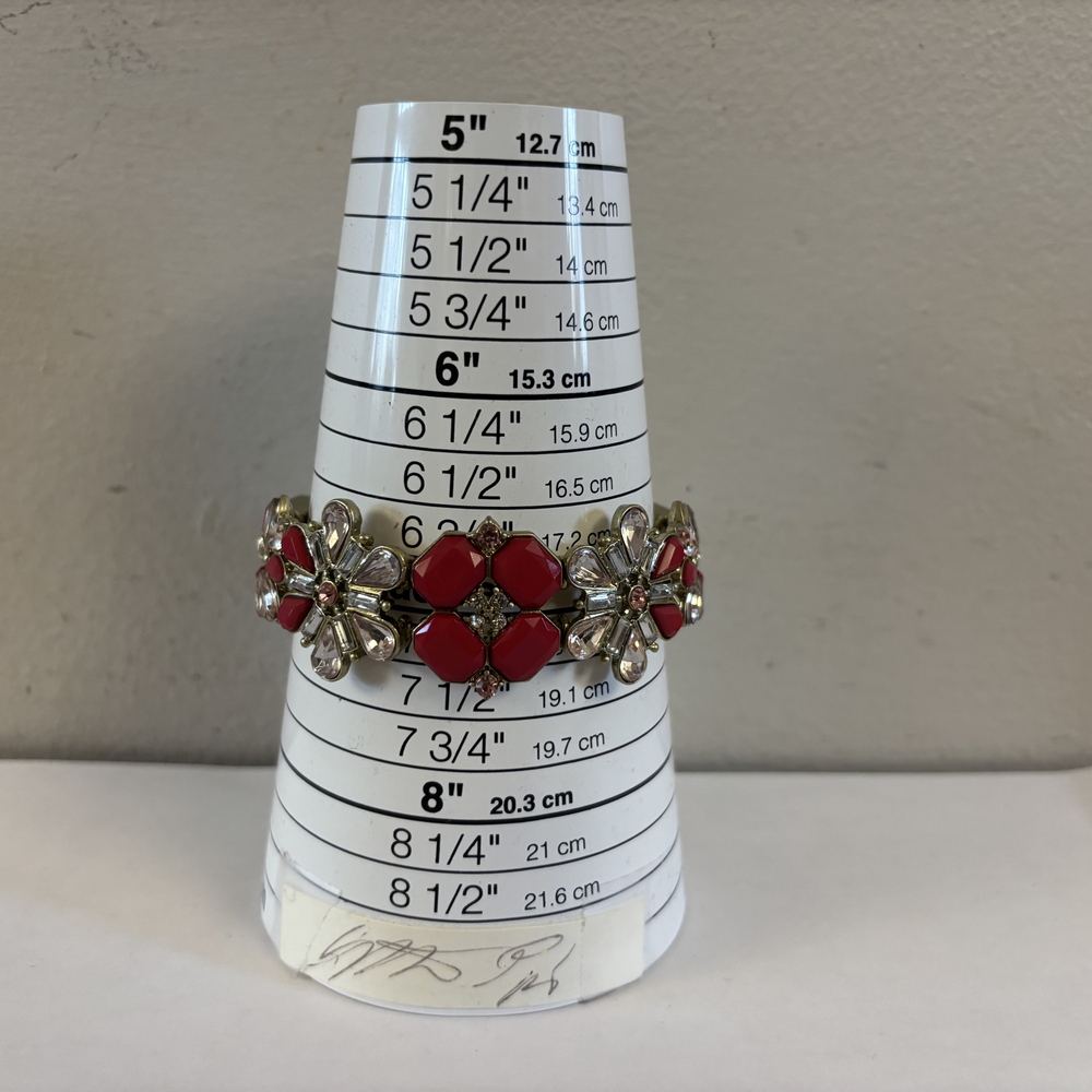 Antique Gold-Tone Pink & Faux Diamond Floral Cuff Bracelet